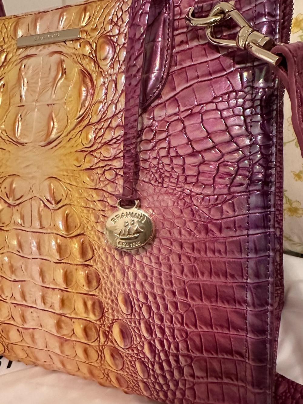 Brahmin Grapefruit Ombre Large Caroline Pink/Purple and Gold Satchel NWOT - Picture 3 of 15